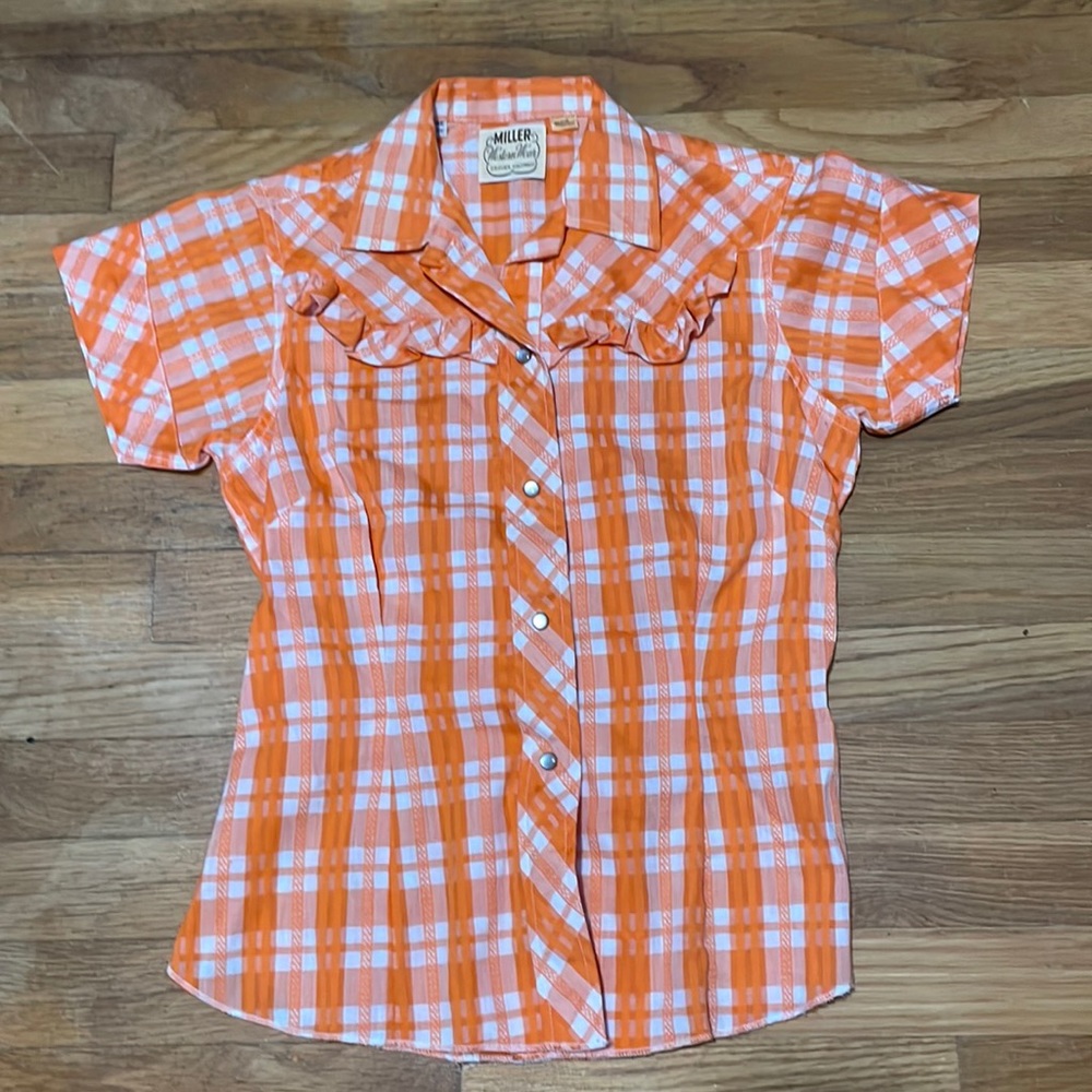 Vintage orange plaid western glass snap blouse cowgirl Dolly Parton